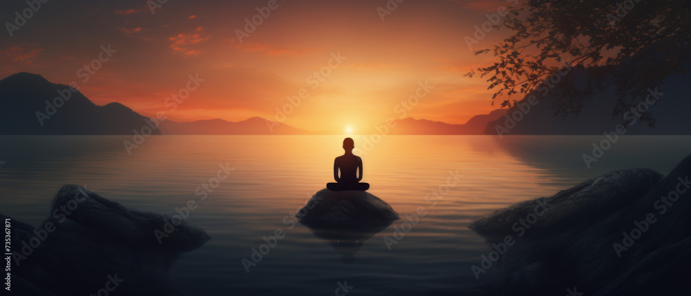 Meditation at Sunset on a Lake with Mountains in the Background