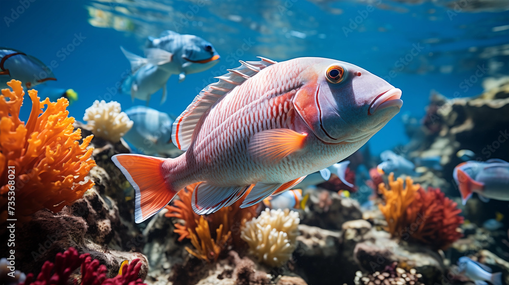 Underwater image of a tropical fish in the colorful corals Underwater image of a tropical fish in the colorful corals