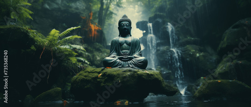 Buddha Statue in Meditative Pose Amidst a Misty Forest Waterfall