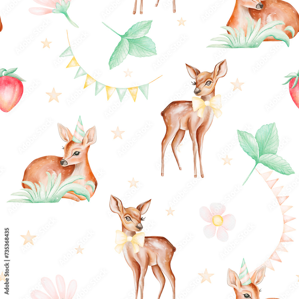 Watercolor seamless pattern with forest animals and natural elements. Baby deer, strawberry, plant, leaf, flowers. Woodland creatures in the wild. Illustration for nursery, wallpaper, happy birthday