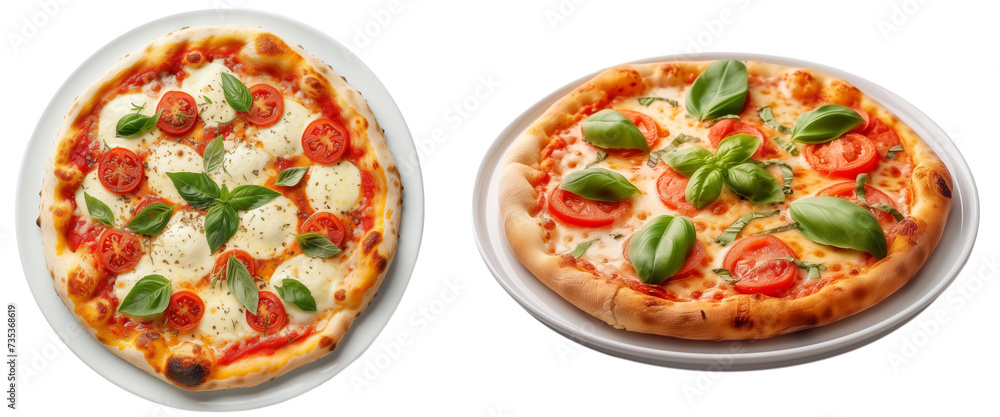 Pizza margharita bundle, with tomato, mozzarella cheese and fresh basil, side and top view, isolated on a white background Pizza margharita bundle, with tomato, mozzarella cheese and fresh basil, side and top view, isolated on a white background