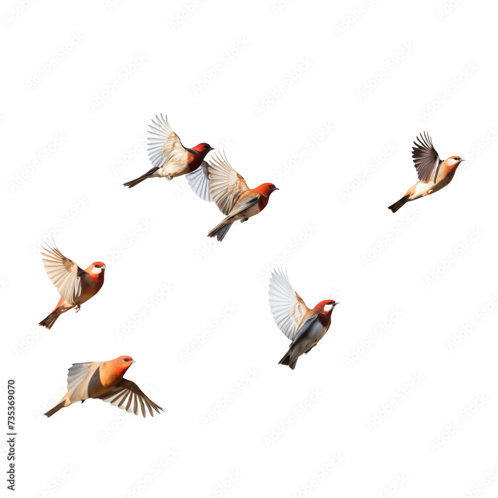 Flying birds isolated on white and transparent background. Ideal for use in advertising. Generative ai Flying birds isolated on white and transparent background. Ideal for use in advertising. Generative ai