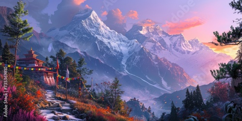 A serene Himalayan landscape at dawn, with snow-capped peaks, prayer flags, and a tranquil monastery. Serene Himalayan landscape, snow-capped peaks. Resplendent.