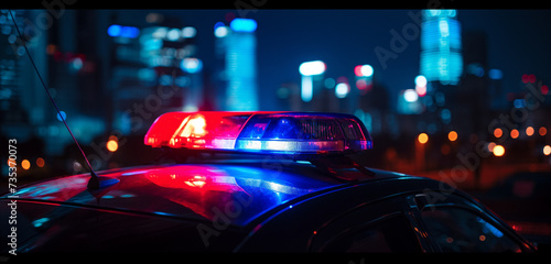 Carro de polícia acende na estrada à noite com paisagem urbana ao fundo © Vitor