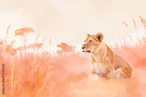 Graceful lion in a peach fuzz hued savannah, exuding serenity of the wild. Concept of lioness natural elegance, wildlife, art and calming rythms. photo