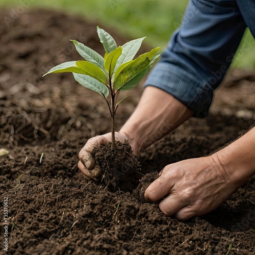 Planting young tree by hand on back soil as care and save wold concept
