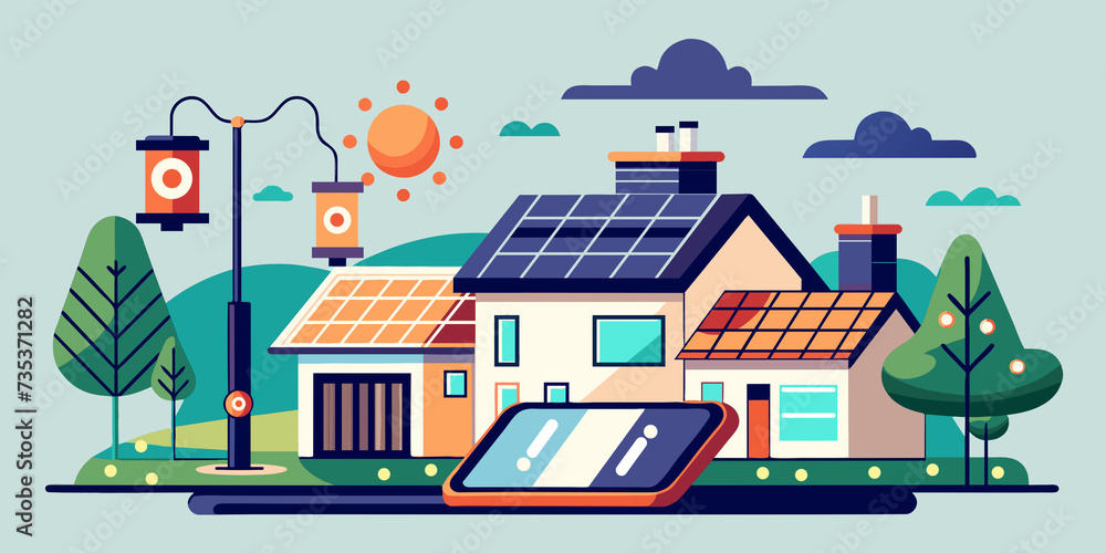 Eco-friendly rooftop solar panel installation technology concept with the use of mobile application to monitor energy consumption. electricity, innovation, living, sustainable energy, illustration