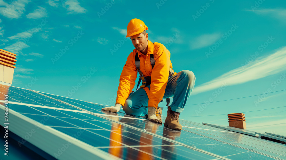 Workers install solar panels on the roof of a house. Renewable energy from the sun Workers install solar panels on the roof of a house. Renewable energy from the sun