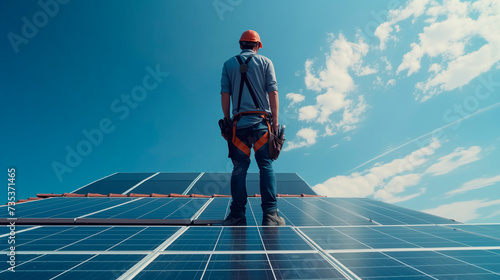 Workers install solar panels on the roof of a house. Renewable energy from the sun