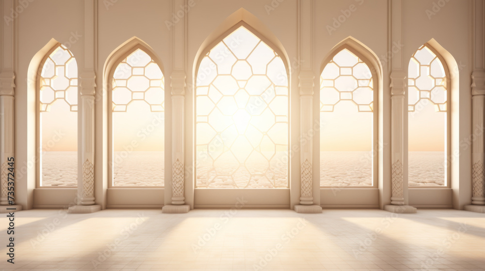 Sunrise through Ornate Windows of a Traditional Mosque Interior