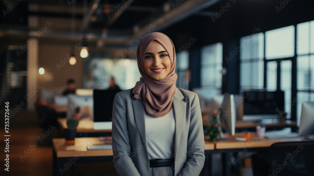 attractive modern Arabian businesswoman in traditional clothing working in office attractive modern Arabian businesswoman in traditional clothing working in office