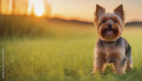 Yorkshire Terrier, dog at dawn, purebred dog in nature, happy dog, beautiful dog photo