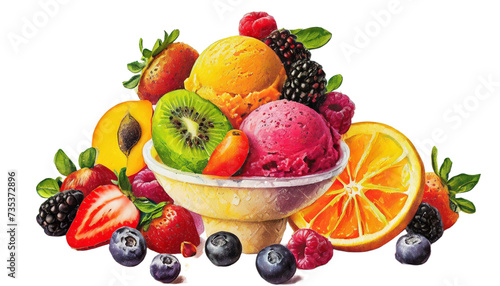 delicious fresh mixed fruits ice cream isolated on a transparent background