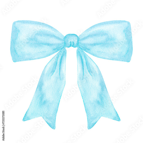 Decorative blue bow with long ribbon. Accessory little girl. Hand drawn watercolor illustration isolated on white background. For gender reveal party, baby shower, children's design