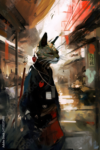 samurai cat walking in a futurepunk Kyoto street photo