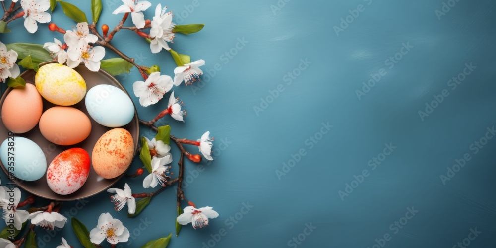 Plate With Eggs and Flowers on Blue Background Plate With Eggs and Flowers on Blue Background