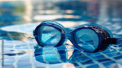 Close-up of blue swimming goggles with water droplets on pool edge, reflecting the sky. © Artsaba Family