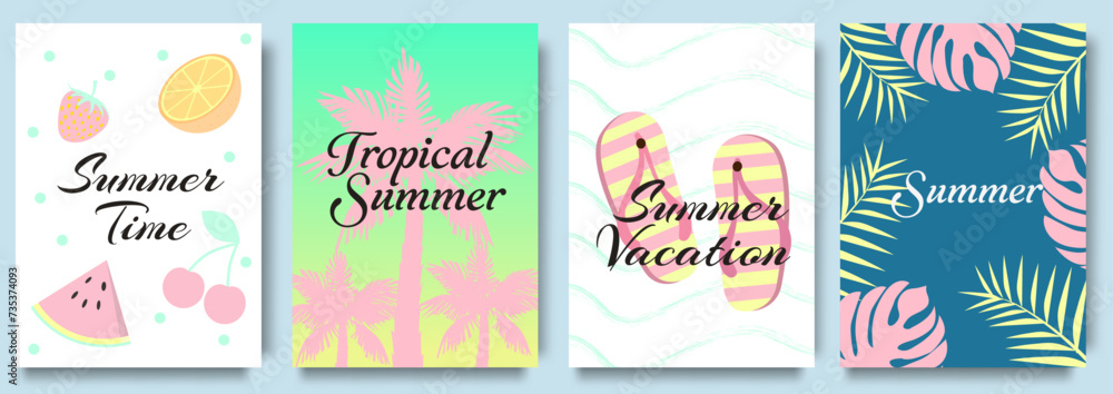 Summer set vector poster design. Hello summer text with tropical fruits and summer elemets layout background. Summer holidays, journey, vacation travel illustrations Summer set vector poster design. Hello summer text with tropical fruits and summer elemets layout background. Summer holidays, journey, vacation travel illustrations