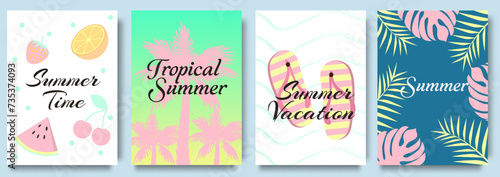 Summer set vector poster design. Hello summer text with tropical fruits and summer elemets layout background. Summer holidays, journey, vacation travel illustrations
