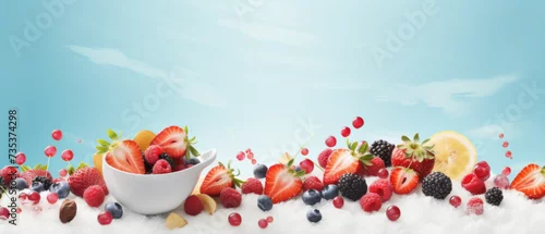 Obraz  z motywem Assorted Fresh Berries and Lemon in a White Bowl on a Bed of Sugar