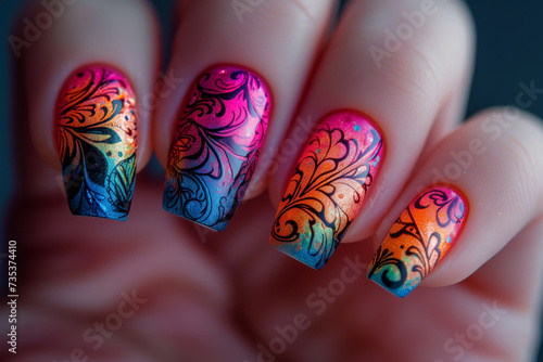 Women's manicure with conceptual pattern, beautiful art style patterns