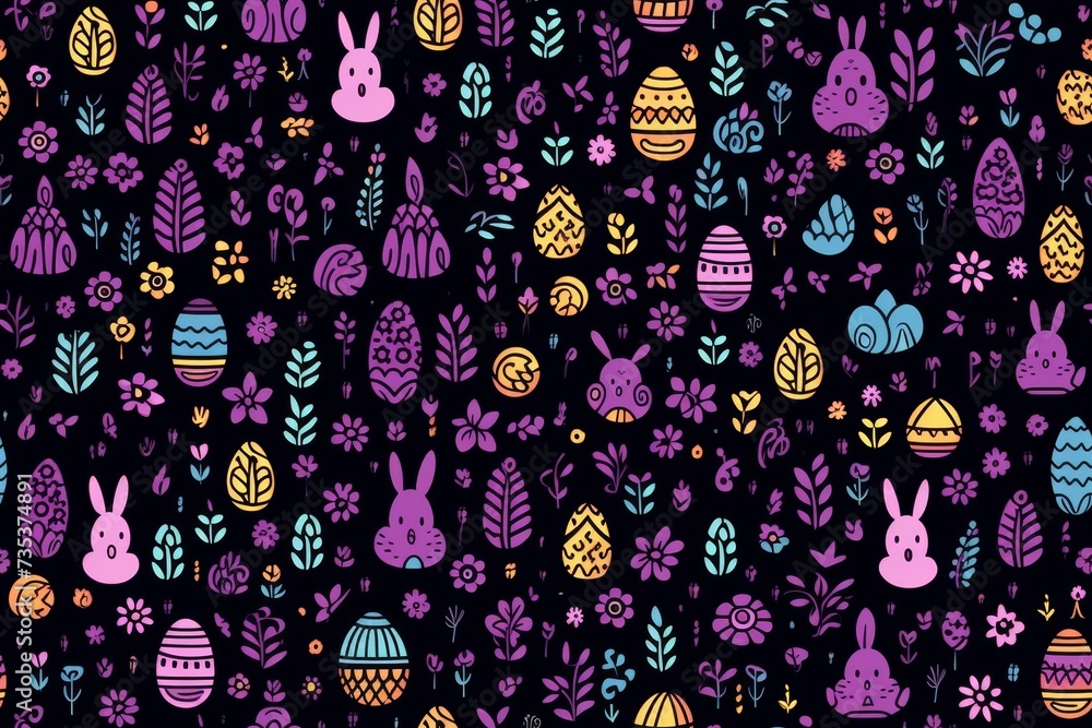 Colorful Easter Eggs and Bunnies on a Black Background Colorful Easter Eggs and Bunnies on a Black Background