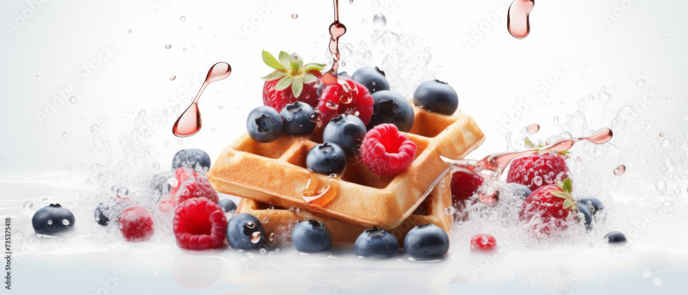 Belgian Waffles Adorned with Fresh Blueberries, Raspberries, and a Drizzle of Maple Syrup Splashing into Milk Belgian Waffles Adorned with Fresh Blueberries, Raspberries, and a Drizzle of Maple Syrup Splashing into Milk