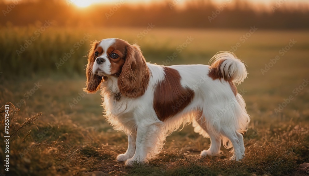 Cavalier king charles spaniel, dog at dawn, purebred dog in nature, happy dog, beautiful dog Cavalier king charles spaniel, dog at dawn, purebred dog in nature, happy dog, beautiful dog