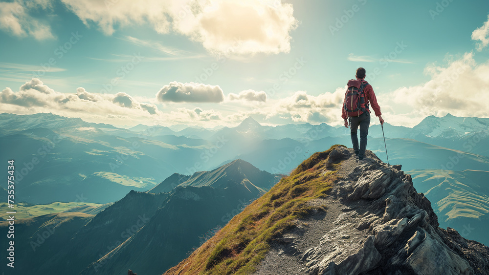 Positive uplifting image of a man wearing a red jacket and red backpack, trekking pole, standing on top of a rocky outcropping overlooking a vast mountain range. Banner with copy space, 16:9