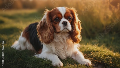 Cavalier king charles spaniel, dog at dawn, purebred dog in nature, happy dog, beautiful dog © Vladislav
