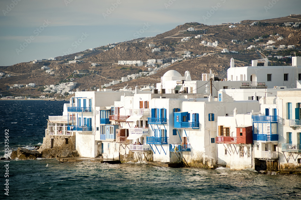 Seaside View of Traditional Greek Cycladic Architecture on Mykonos Island