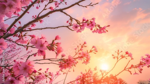 Vibrant Cherry Blossom Tree Blossoming at Sunset AI Generated.