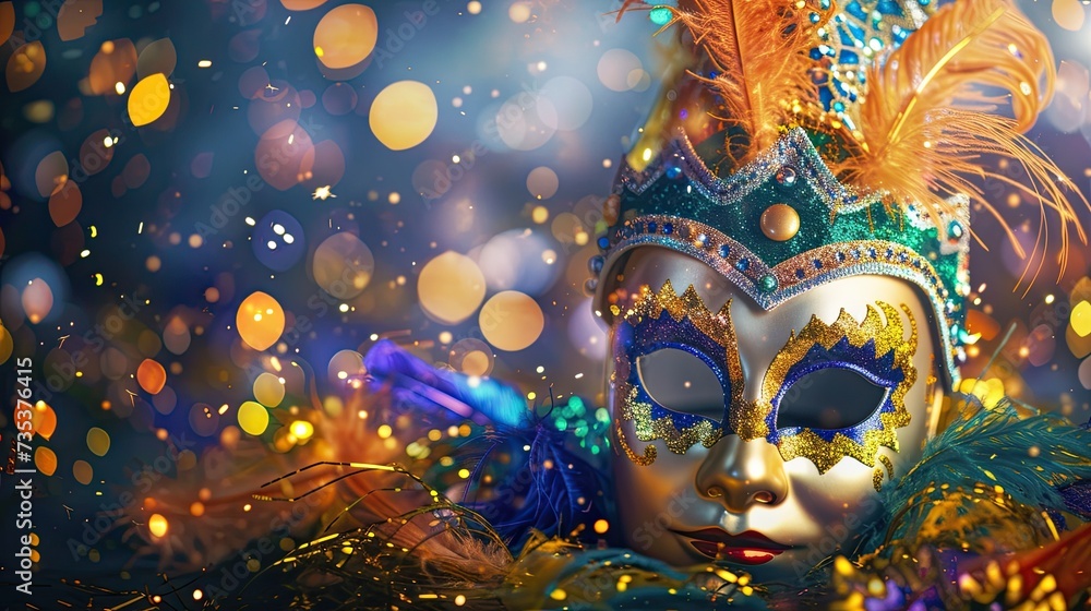 This image features an ornate Venetian mask adorned with gold trim, feathers, and jewels, set against a background of vibrant, shimmering bokeh lights that create a festive and mysterious atmosphere.
