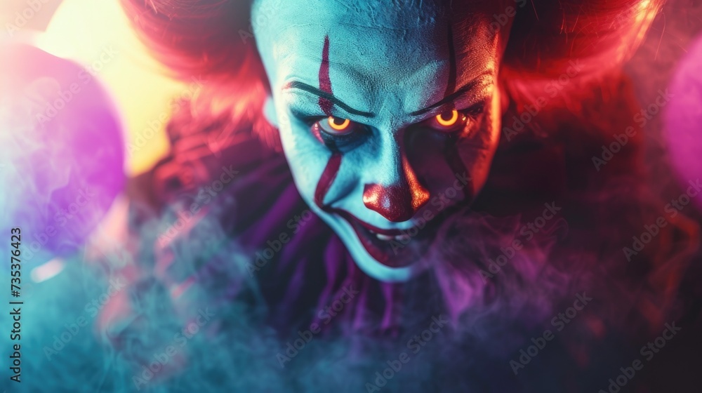 The image captures a close-up of a clown's face with intense yellow eyes and sharp red lines running from the eyes to the lips, enhancing its fearsome expression. The clown's white face, contrasted wi The image captures a close-up of a clown's face with intense yellow eyes and sharp red lines running from the eyes to the lips, enhancing its fearsome expression. The clown's white face, contrasted wi