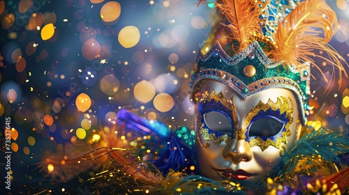 This image features an ornate Venetian mask adorned with gold trim, feathers, and jewels, set against a background of vibrant, shimmering bokeh lights that create a festive and mysterious atmosphere.