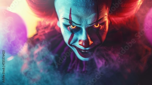 The image captures a close-up of a clown's face with intense yellow eyes and sharp red lines running from the eyes to the lips, enhancing its fearsome expression. The clown's white face, contrasted wi