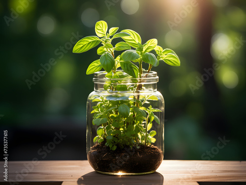 fresh basil growing in glass jar on white background