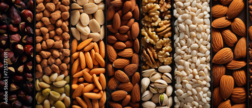 Assorted Nuts and Seeds in a Neat Display Highlighting Variety and Texture