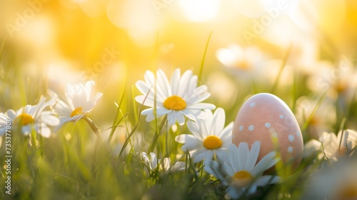 A captivating image of a pastel yellow Easter egg hidden among a lush field of daisies, illuminated by soft sunlight.