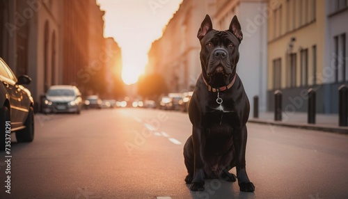 Cane corso, dog at dawn, purebred dog in nature, happy dog, beautiful dog photo