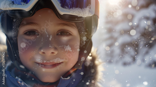 Smiling child with ski helmet and goggles on a blurry snowy landscape. Winter holidays, skiing, fun and sports for children.
