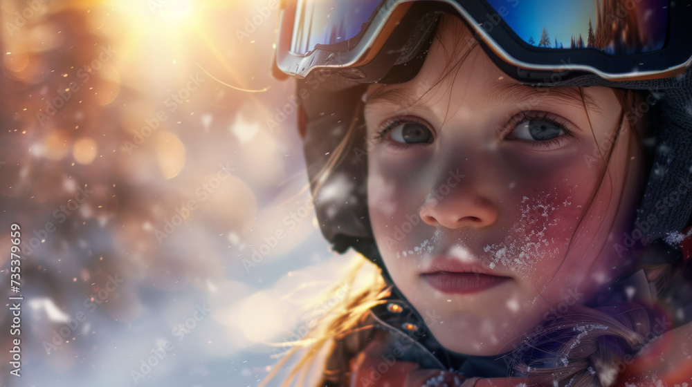 Smiling child with ski helmet and goggles on a blurry snowy landscape. Winter holidays, skiing, fun and sports for children. Smiling child with ski helmet and goggles on a blurry snowy landscape. Winter holidays, skiing, fun and sports for children.