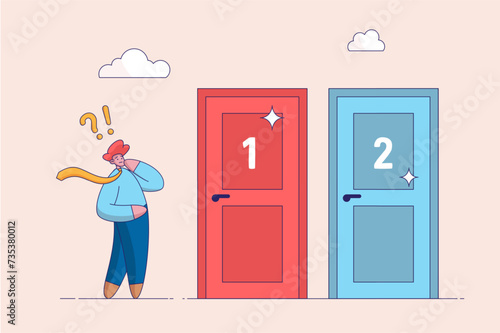 Decide dilemma concept. Alternatives or opportunities. Making decision. Difficult choice between two options. Solve problem. Confused man standing near two doors. Choose pathway. Vector illustration.