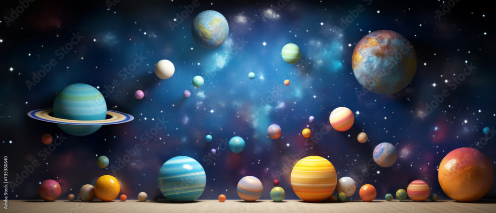 Fototapeta premium Cosmic Alignment of Vibrant Watercolor Planets in a Starry Space
