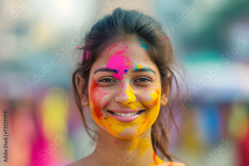 Portrait of young beautiful woman with dry organic color gulal or powder on her face. Colourful girl with abeer. Festival of Holi celebration