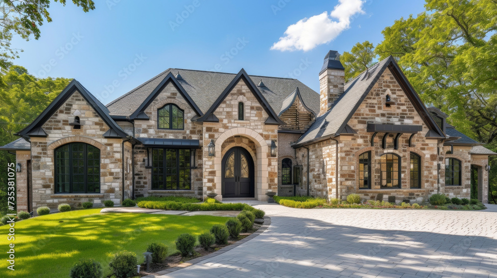 Brick and stone accents adorn the front of this home with hidden doors that seamlessly integrate into the design adding to the overall charm and elegance.