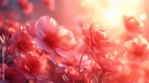 a close up of a bunch of flowers with a bright light in the background and a blurry image in the foreground.