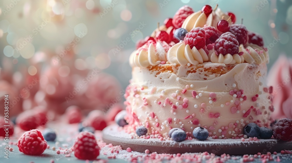 a cake with white frosting, raspberries, and white frosting sprinkles on it.
