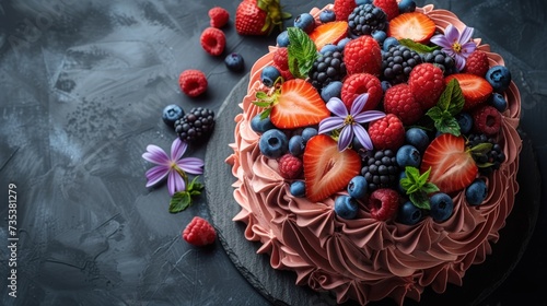 a cake with berries, raspberries, blueberries, raspberries, and strawberries on top of it.