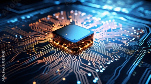 Close-up of a glowing CPU on a detailed blue circuit board.